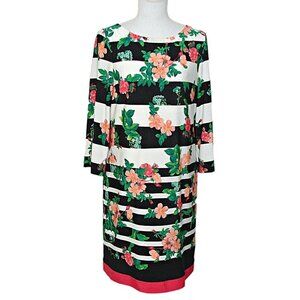 Eliza J Floral Stripe Midi Dress Womens Black White 3/4 Sleeve Round Neck Sz 12